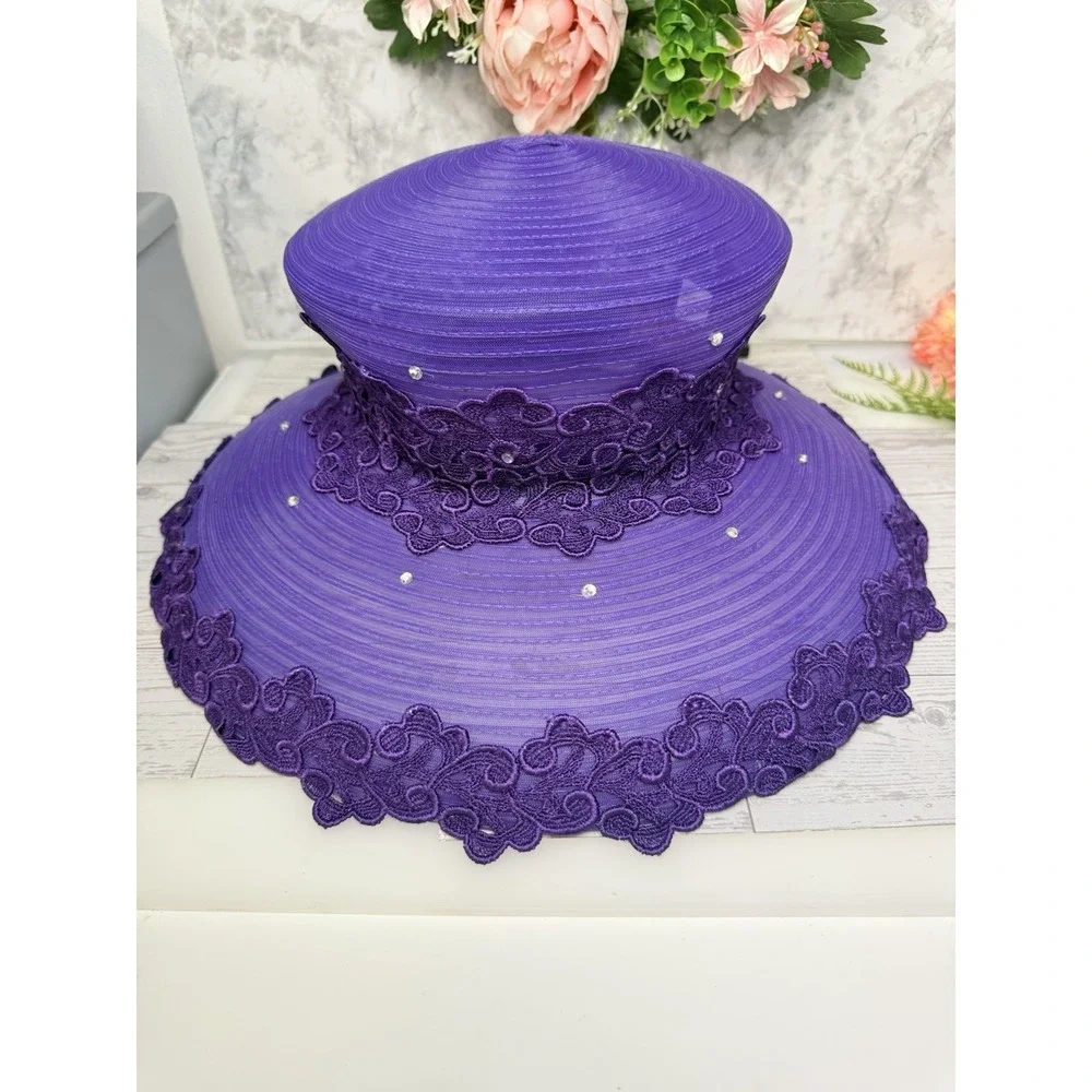 Mr Hi's Classic‎ Purple Wide Brim Lace Hat Ribbon Net Rhinestones Vintage 1970s